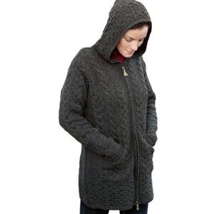 Inis Crafts Womens M Gray Merino Wool Irish Cable Knit Zip Cardigan Sweater Hood